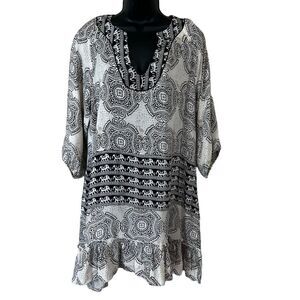 Tolani Silk Boho Tunic Top Black/White Balinese Print